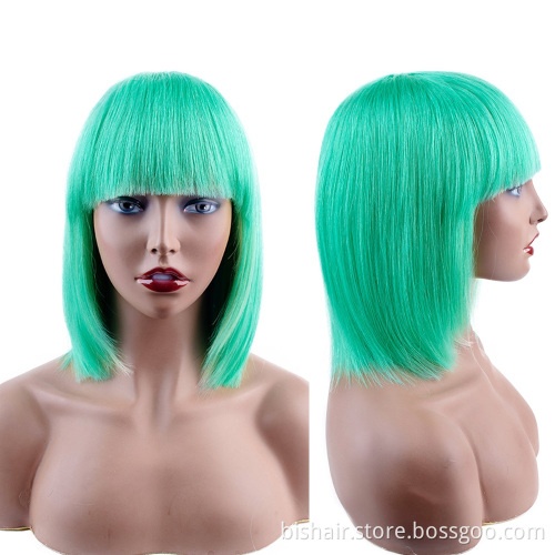 Wholesale Straight Full Machine Pixie Short Bob Wigs With Pink Rose Green Color Brazilian Cut Short Human Hair Wigs With Bang